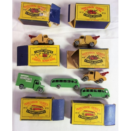 484 - MATCHBOX 1-75 6 VERY EARLY MATCHBOX SERIES A MOKO LESNEY MODEL COMPRISING NUMBER 13 BREAKDOWN CRANE ... 