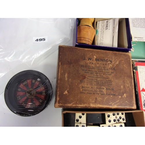 495 - MISC. OLD TOYS INC. TIDDLYWINKS IN ORIGINAL BOX, MINIATURE ROULETTE WHEEL, DOMINOES, OLD MONOPOLY SE... 