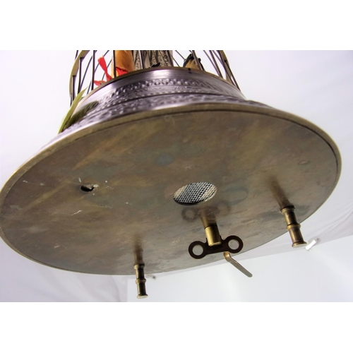 63 - BRASS EFFECT CLOCKWORK  HANGING CENTREPIECE WITH 3 BIRDS IN A SMALL CAGE
