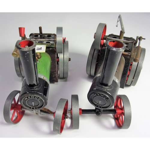 76 - MAMOD, TWO TRACTION ENGINES TE1, ONE WITH COPPER COLOURED BOILER, NO BURNER, AND ONE GREEN BOILER
