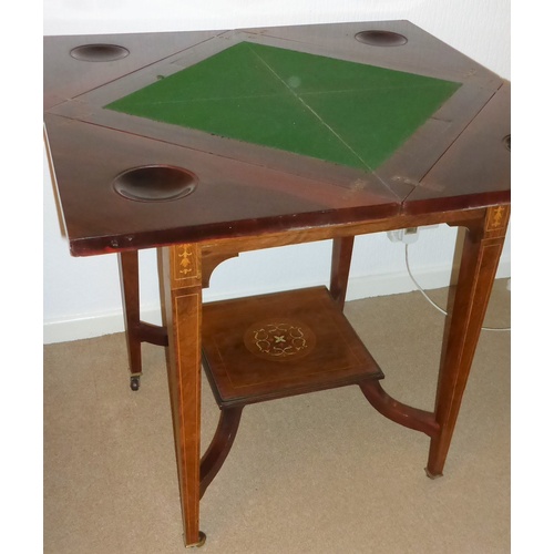 235 - EDWARDIAN ROSEWOOD ENVELOPE GAMES TABLE WITH FLORAL MARQUETRY DECORATION AND SQUARE TOP OPENING TO R... 