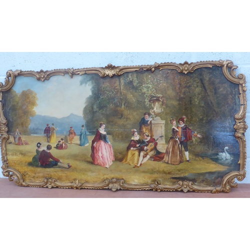 450 - PAIR OF LARGE OILS ON OAK PANELS IN ORNATE FRAMES DEPICTING 18TH CENTURY SCENES APPROX 124 X 58 cm