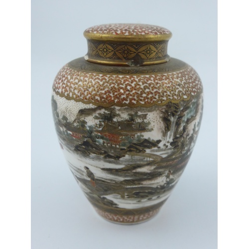 735 - SMALL JAPANESE SATSUMA POT POURRI JAR WITH COVER AND INNER COVER AF APPROX 9.5 cm