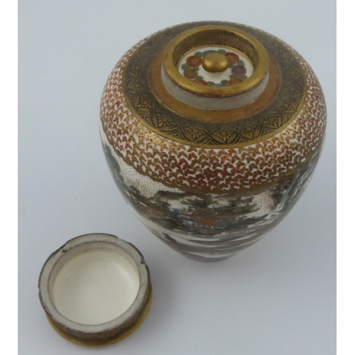 735 - SMALL JAPANESE SATSUMA POT POURRI JAR WITH COVER AND INNER COVER AF APPROX 9.5 cm