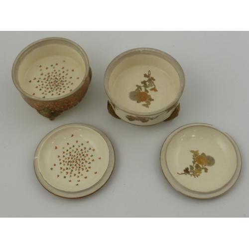 734 - 2 JAPANESE SATSUMA TYPE CIRCULAR POTS, EACH WITH A COVER AND RAISED ON 3 FEET APPROX 10 cm DIAMETER