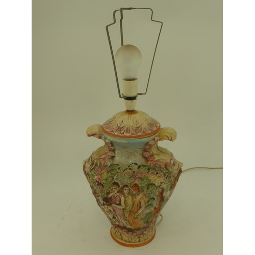 840 - CAPODIMONTE POTTERY LAMP BASE WITH RELIEF MOULDED DECORATION DEPICTING CLASSICAL SCENES, MASK AND AC... 