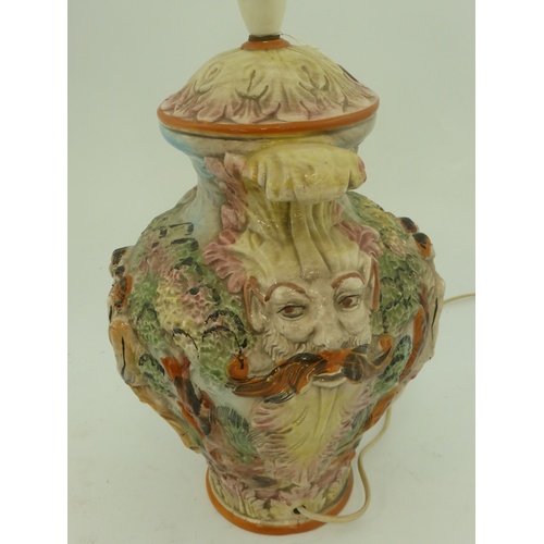 840 - CAPODIMONTE POTTERY LAMP BASE WITH RELIEF MOULDED DECORATION DEPICTING CLASSICAL SCENES, MASK AND AC... 