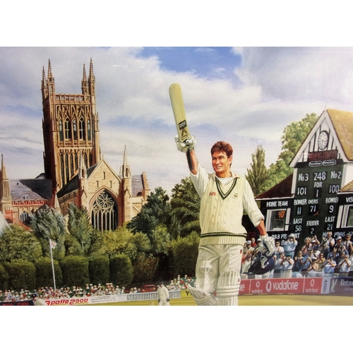 112 - FRAMED PRINT CENTURY OF CENTURIES CELEBRATING GRAEME HICK’S 100 HUNDREDS WORCESTER 31.5.88 SIGNED BY... 