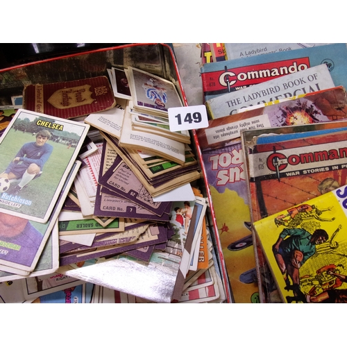 149 - LARGE BOX OF SUNDRY LADYBIRD BOOKS, COMMANDO BOOKS, ROULETTE WHEEL PLASTIC, T/W FOOTBALLER COLLECTOR... 