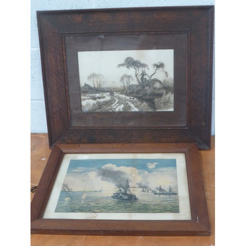 468 - FRAMED PRINT DEPICTING RAMSGATE LIFEBOAT IN A STORMY SEA 2 OTHER OAK FRAMED PICTURES