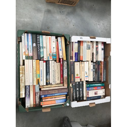 132 - 2 LARGE TRAYS OF PREDOMINENTLY PAPER BACK READING BOOKS INCLUDING IAN RANKIN AND MARGARET ATTWOOD