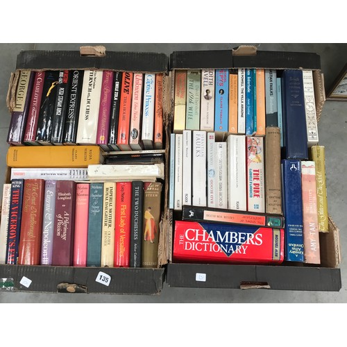 135 - 2 TRAYS OF HARDBACK AND READING BOOKS INCLUDING SEBASTIAN FAULKS AND A BOX OF MIXED PAPERBACKS