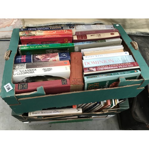 136 - 4 BOXES OF MIXED AND ASSORTED PAPERBACKS AND HARDBACK AND TRAVEL BOOKS