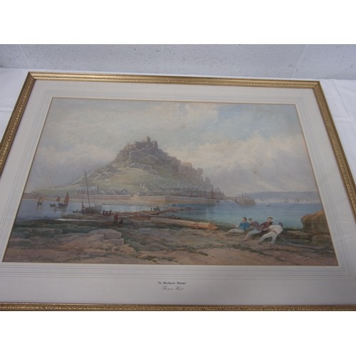 598 - FRAMED WATERCOLOUR 28.5 INCHES X 18.5 INCHES OF ST MICHAELS MOUNT SIGNED T HART FSA IN FRAMED WITH B... 