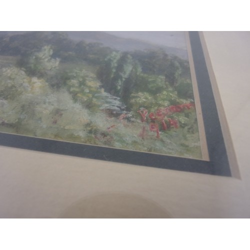 594 - FRAMED WATERCOLOUR OF THE MALVERN HILLS INDISTINCTLY SIGNED C PEREAN 1914 APPROX 11 X 6.5 INS