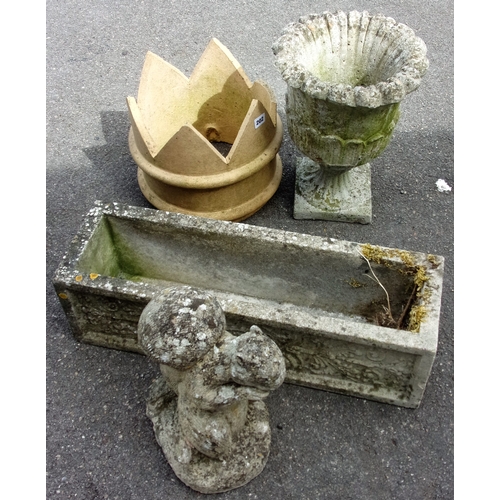 37 - CONCRETE GARDEN PLANTER CONCRETE GARDEN URN AND A CHIMNEY POT TOP A/F TOGETHER WITH A CONCRETE WEATH... 