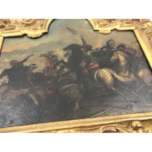 521 - OIL ON TIN DEPICTING A BATTLE SCENE, APPROX. 26 X 23 (MAX) cm