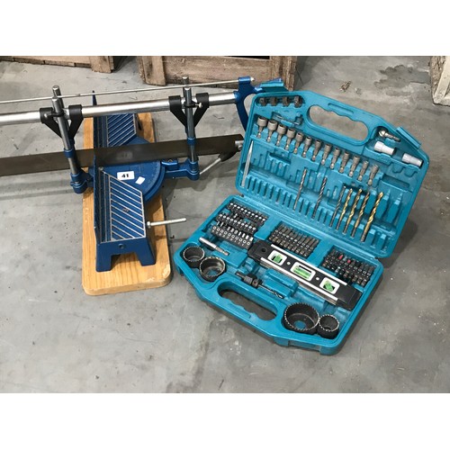 41 - MITRE SAW ON METAL BLOCK T/W CASED BOX OF DRILLS AND BITS