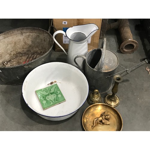 49 - MISC. INCLUDING GALVANISED WARE, ENAMELLED JUG AND BOWL, BRASS BELL, CANDLESTICK, CHERUB FIGURE