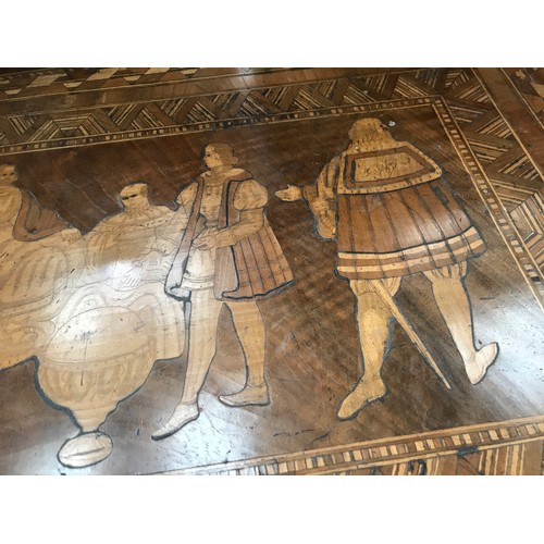 149 - UNUSUAL, POSSIBLY CONTINENTAL, TIPTOP PARQUETRY TABLE DEPICTING A COURT SCENE ON TURNED PEDESTAL