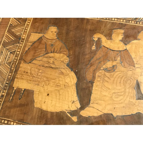 149 - UNUSUAL, POSSIBLY CONTINENTAL, TIPTOP PARQUETRY TABLE DEPICTING A COURT SCENE ON TURNED PEDESTAL