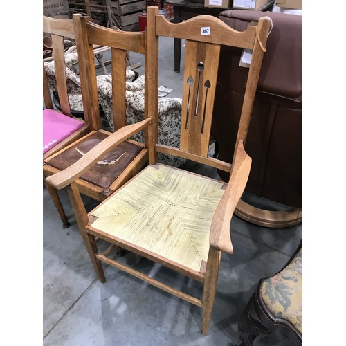 307 - ARTS AND CRAFTS STYLE ARM CHAIR WITH RUSH SEAT, SCHOOL CHAIR TOGETHER WITH PAIR OF DINING CHAIRS