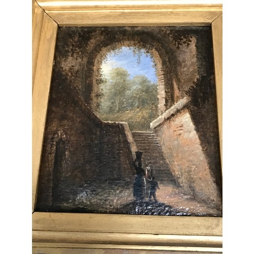 463 - 19TH CENTURY OIL ON CANVAS DEPICTING A FIGURE AND CHILD, STONE STEPS AND ARCHWAY, DEEP GILT FRAME WI... 