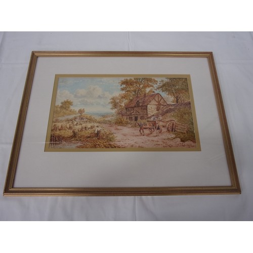 597 - PAIR OF WATERCOLOURS APPROX 18 INCHES X 10 INCHES OF COUNTRY HORSE AND CART SCENE AND SHIRE HORSES D... 