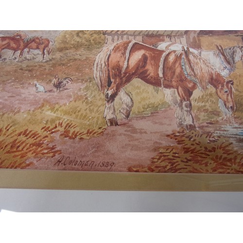 597 - PAIR OF WATERCOLOURS APPROX 18 INCHES X 10 INCHES OF COUNTRY HORSE AND CART SCENE AND SHIRE HORSES D... 