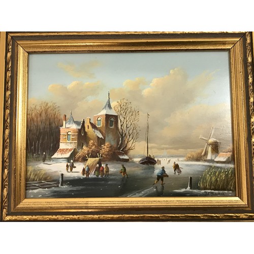 500 - PAIR OF OILS ON BOARDS APPROX 7 INCH X 5 INCH, VIEW OF CONTINENTAL DUTCH WINDMILL AND BARQUE  SIGNED... 