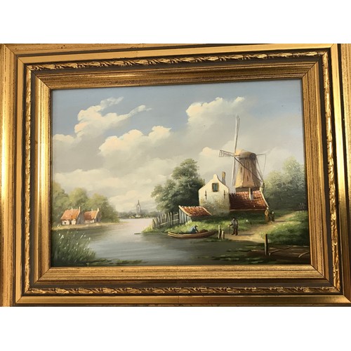 500 - PAIR OF OILS ON BOARDS APPROX 7 INCH X 5 INCH, VIEW OF CONTINENTAL DUTCH WINDMILL AND BARQUE  SIGNED... 