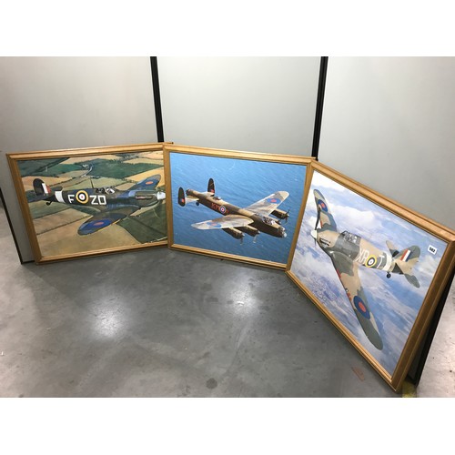 582 - 3 LARGE POSTER SIZED FRAMED PICTURES OF HURRICANE, SPITFIRE AND LANCASTER ALL IN LARGE WOODEN FRAMES