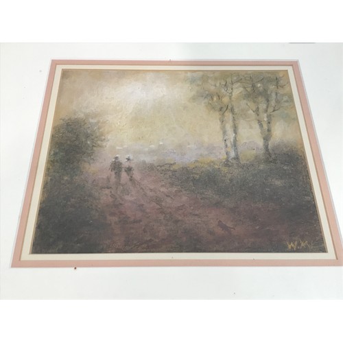 504 - ATMOSPHERIC WATERCOLOUR DEPICTING FIGURES IN A MISTY WOODLAND SCENE WITH MONOGRAM WM