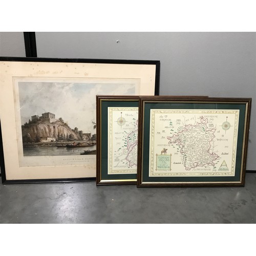 591 - FRAMED MAP GLOUCESTERSHIRE BY ROB. MORDEN FRAMED, PLUS 2 MODERN MAPS OF WORCESTERSHIRE AND GLOUCESTE... 