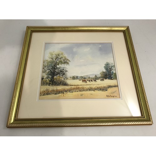 589 - 2 WATERCOLOURS OF COUNTRYSIDE VIEWS BY PETER LONGMAN ENTITLED THE MEADOW AND TRANQUILITY - CATTLE ON... 