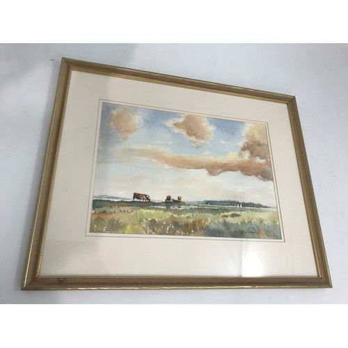 589 - 2 WATERCOLOURS OF COUNTRYSIDE VIEWS BY PETER LONGMAN ENTITLED THE MEADOW AND TRANQUILITY - CATTLE ON... 