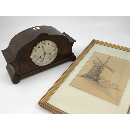 868 - FRAMED SKETCH OF A WINDMILL  THE MILL AT BURNHAM OVERY AND AN OLD CASED MANTLE CLOCK GERMAN MAKE WU... 