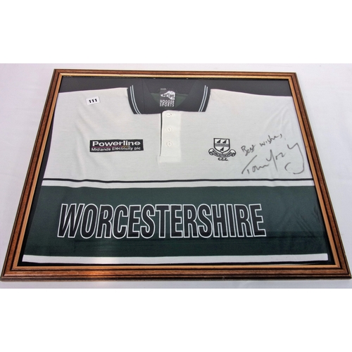 111 - A FRAMED WORCESTERSHIRE CRICKET SHIRT FOR THE SUNDAY LEAGUE LIMITED OVERS COMPETITION,  SIGNED BY TO... 