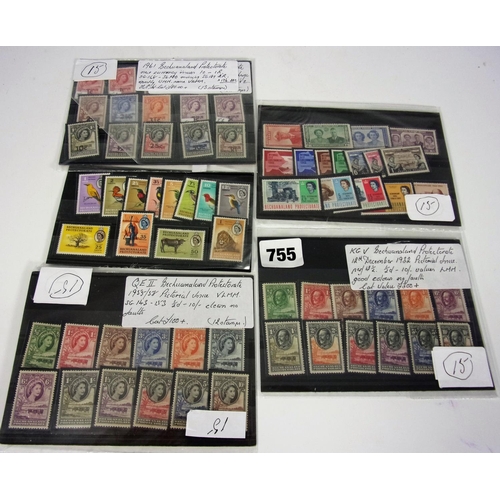 755 - STAMPS, BECHUONALAND PROTECTORATE ISSUES ON 5 STOCKCARDS, 1932 ½ d TO 10/-, 1955 ½ - 10/-,  1961 IC-... 