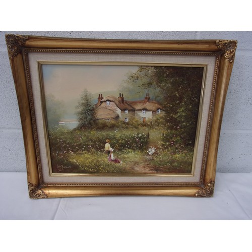 599 - OIL ON CANVAS OF LAKESIDE COUNTRY COTTAGE SCENE WITH CHILDREN AND GEESE SIGNED LES PARSON