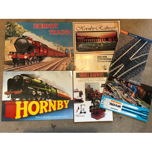 17 - TWO MODERN REPRO ADVERTISING SIGNS HORNBY APPROX 40CM X 28 CM AND HORNBY TRAINS 41 CM X 31 CM. PLUS ... 