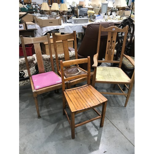 451 - ARTS AND CRAFTS STYLE ARM CHAIR WITH RUSH SEAT, SCHOOL CHAIR TOGETHER WITH PAIR OF DINING CHAIRS