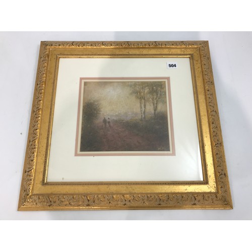 518 - ATMOSPHERIC WATERCOLOUR DEPICTING FIGURES IN A MISTY WOODLAND SCENE WITH MONOGRAM WM