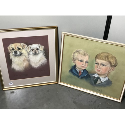 580 - MARJORIE COX PASTEL STUDY OF 2 YOUNG BOYS TOGETHER WITH A PASTEL STUDY OF 2 TIBETAN SPANIELS BABA AN... 