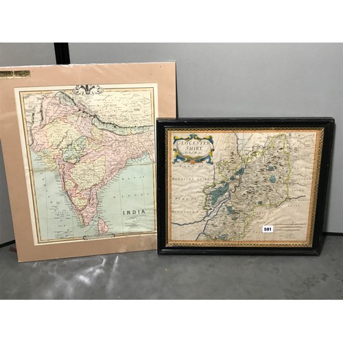 564 - FRAMED MAP GLOUCESTERSHIRE BY ROB. MORDEN FRAMED, PLUS 2 MODERN MAPS OF WORCESTERSHIRE AND GLOUCESTE... 