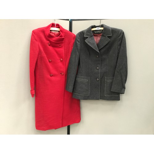 1338 - VINTAGE FASHION, LADIES SCARLET BERNARD RUSSELL DRESS AND MATCHING COAT AND AN ALEXON JACKET