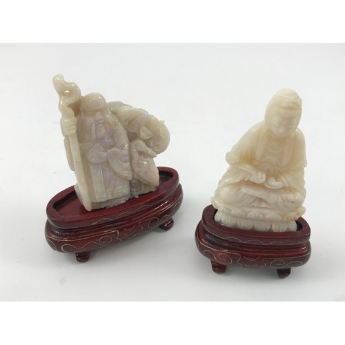 1983 - 2 SMALL OPAL CARVINGS SHOULAO WITH STAFF/BIRD AND A SEATED QUAN YIN WITH SCEPTRE BOTH APPROX 6 cm AN... 