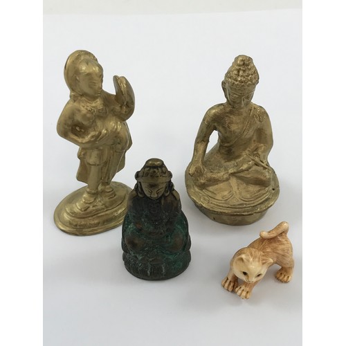 1960 - SMALL CARVED IVORY CAT NETSUKE, 18TH CENTURY JAPANESE BUDDHA FIGURE AND 2 METAL ORIENTAL FIGURES