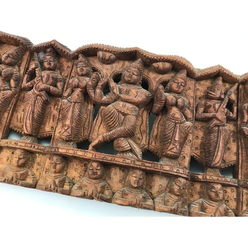 1718 - FINELY CARVED TIBETAN WOODEN PANEL, POSSIBLY A MANUSCRIPT COVER, APPROX 61 X 15 cm