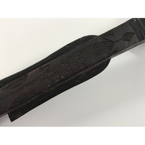 1648 - AFRICAN CARVED WOODEN CLUB, POSSIBLY ZULU WITH FLATTENED HEAD AND CARVED FISH AND ALLIGATOR DECORATI... 